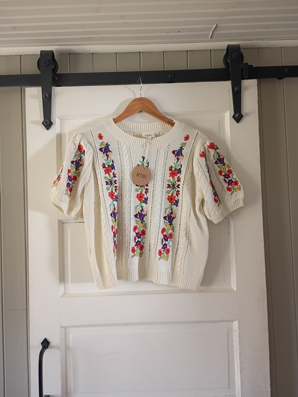 BiBi Cream Knit Top with Multicolor Floral Embroidery